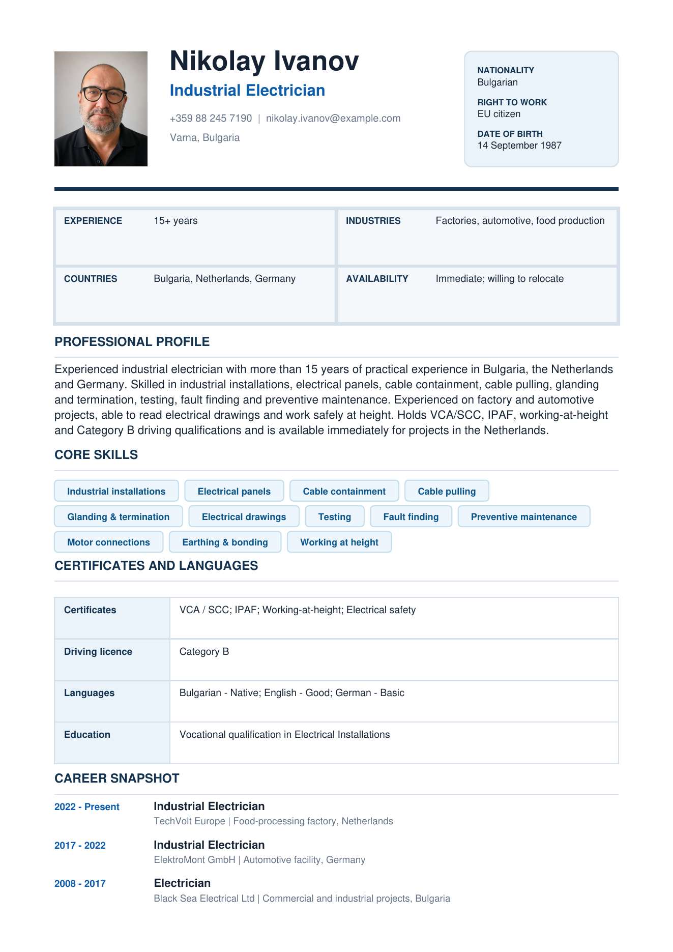 Completed industrial electrician CV preview